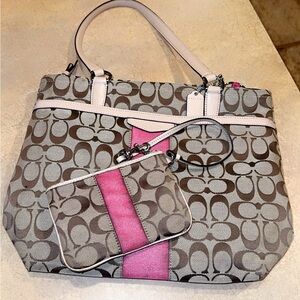 Coach Brown and Pink Signature Tote with Pouch